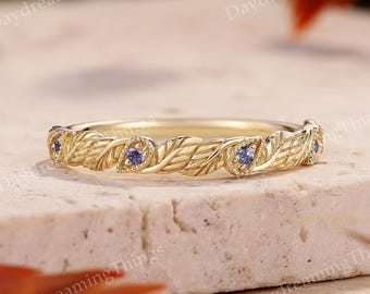 Vintage Inspired Alexandrite Wedding Band | Solid Gold Engraved Natural Leaf Wedding Rings for Women Promise Ring Handmade Jewelry
