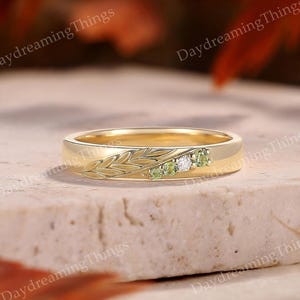 Engraved Peridot Mens Wedding Band | Art Deco Gold Leaf Matching Ring Personalized Gift for couples