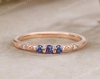 Unique Alexandrite Wedding Band Vintage Engraved Rose Gold Alexandrite Stackable Wedding Ring Purple Gemstone Matching Rings For Women