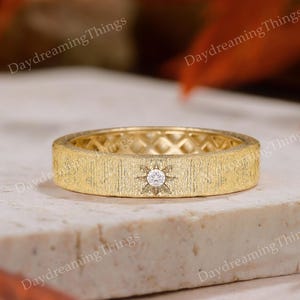 Star Ring Wedding Band | Yellow Gold Celestial Moissanite Ring Wedding Ring 4mm Handmade Starburst Anniversary Band for Women Stacking Rings