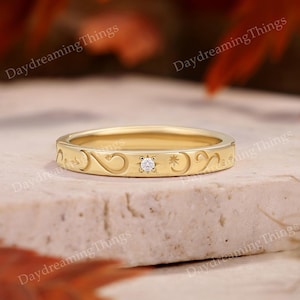 Handmade Solid Gold Moissanite Star Wedding Band | Nature Inspired Engraved Celestial Ring