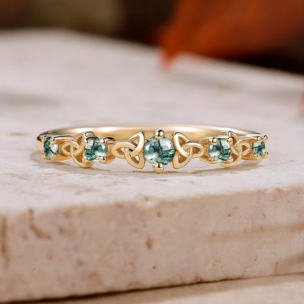 Moss Agate Celtic Knot Wedding Band Women | Yellow Gold Irish Promise Ring Matching Rings Handmade Jewelry