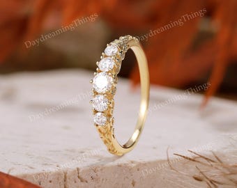 Alianza de boda vintage de moissanita para mujer, oro amarillo, anillo de compromiso único con moissanita grabada, anillo de promesa de filigrana, anillos a juego.