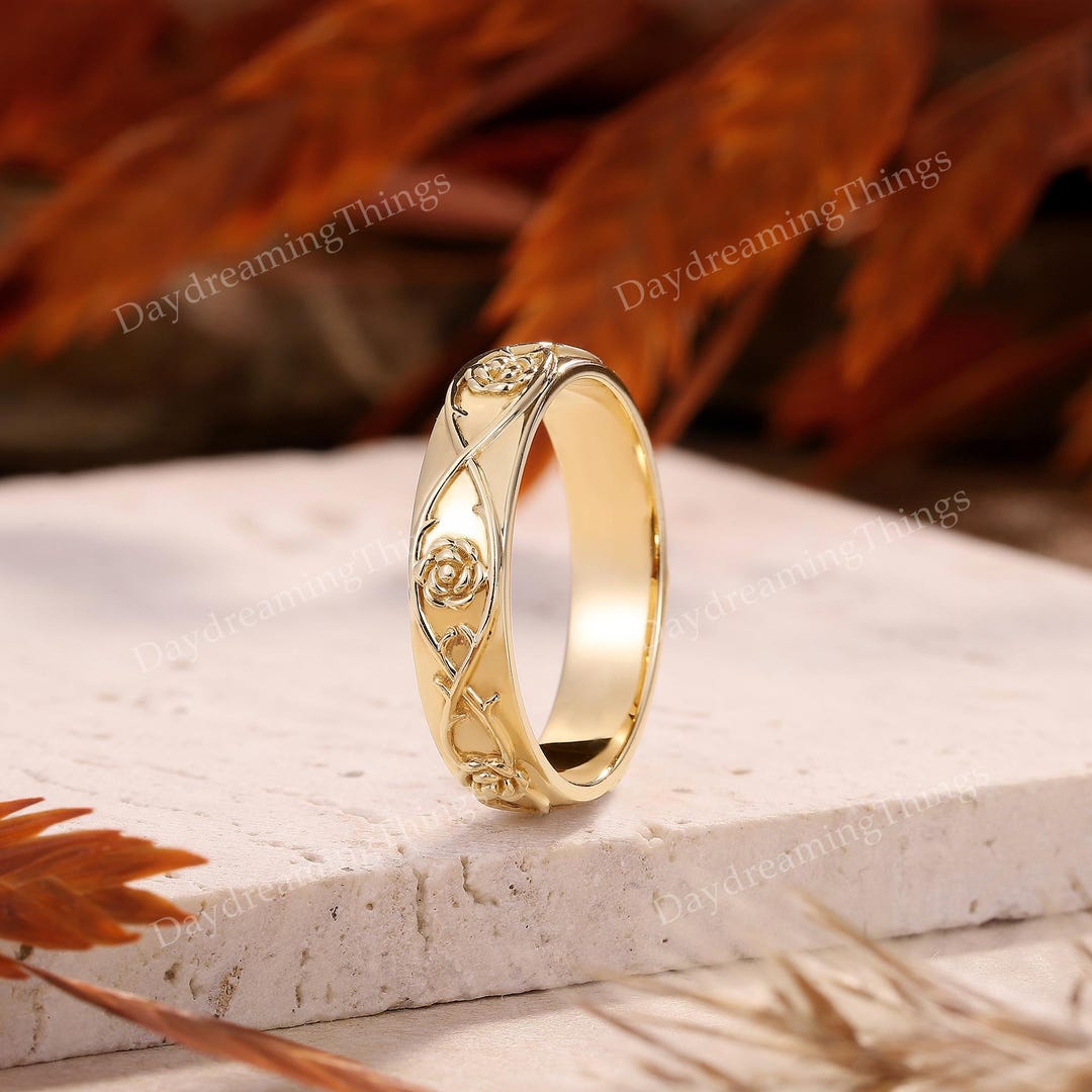 Wedding Rings Rose Pattern Unique Rose Pattern Wedding Band Ring Yellow Gold Natural Inspired ...