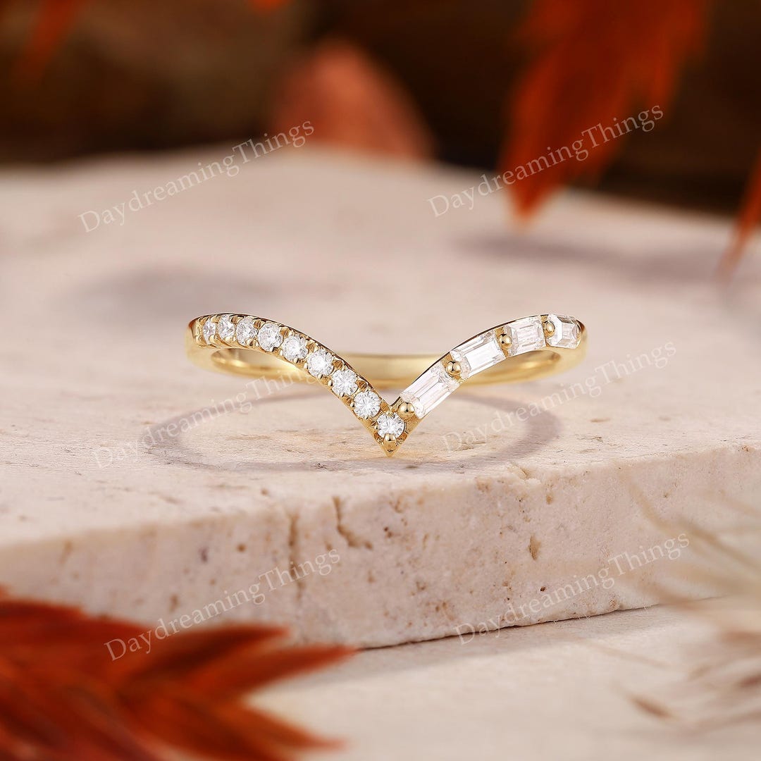 Unique Baguette Moissanite Curved Wedding Band Yellow Gold Moissanite ...