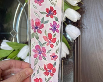 Marque-page floral fait main à l'aquarelle – oeuvre d'art originale avec pompon en soie