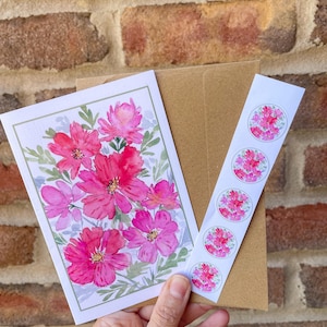 Watercolor Floral Notecard Set: Linen Stationery, Botanical Stickers