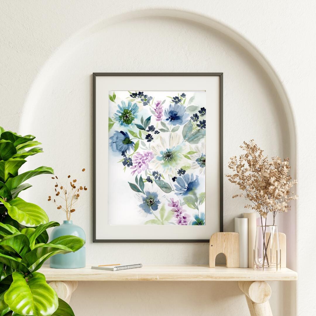 Blue Floral Watercolor Art Print: Minimalist Botanical Wall Decor - Etsy