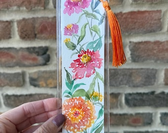 Marque-page floral fait main à l'aquarelle – oeuvre d'art originale avec pompon en soie