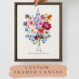 Custom Framed Canvas Birth flower Watercolor Bouquet , Floral Collage, Garden Flowers Art, Mother&#39;s Day Gift, Gift for Grandmother, nursery