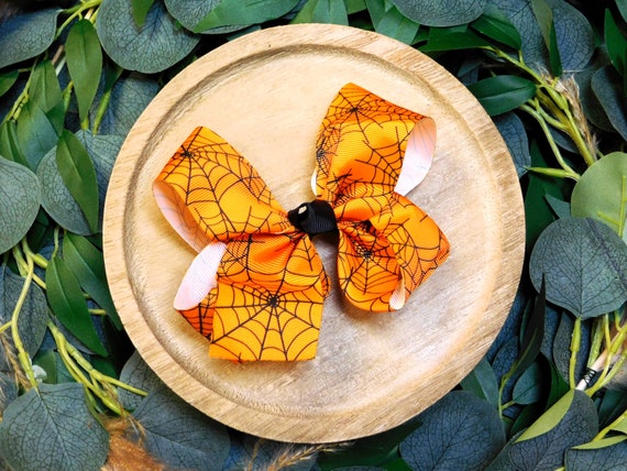 Orange Spider Web Hair Bow, Halloween Hair Bow, Halloween  display picture 2