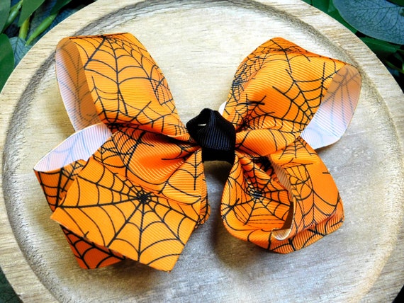 Halloween Orange Bow with Spider Web Design Halloween Spiderweb Bow: Orange & Black Hair Accessory - Etsy main image 3