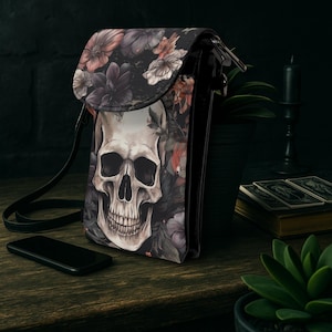 Cartera pequeña para teléfono móvil con diseño de calavera floral gótica pastel, diseño de esqueleto floral cottagecore oscuro, funda para teléfono, tarjetero, regalo único para el Día de la Madre.
