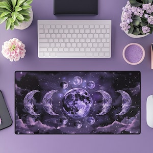 Gothic Moon Phase Mouse Pad, Celestial Lunar Cycle Desk Mat with Skull Crescent Moons, Purple Gift for World Emoji Day & Tarot Lovers