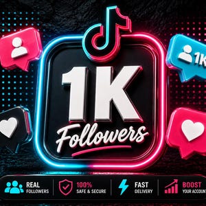 Peut inclure: Un graphique 3D affichant le texte 1K FOLLOWERS avec le logo TikTok au-dessus, entouré d'icônes de notification flottantes incluant des silhouettes d'utilisateurs et des cœurs aux couleurs néon rose et bleu, avec une barre inférieure textuelle.