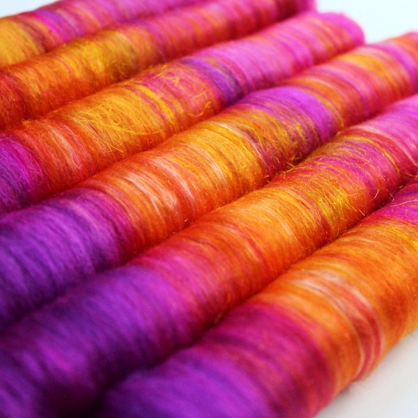 Tastefully Textured Art Rolags Spinning Fiber Set  2.55 oz Superwash Merino - Tussah Silk - Silk Noil - Nylon Icicle