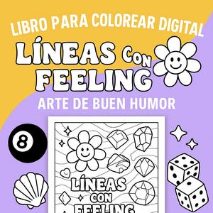 May include: A black and white colouring book cover with the title "Líneas con Feeling" and the text "Arte de buen humor" in Spanish. The cover features a variety of illustrations including a flower, a seashell, a heart, and a diamond. The cover also includes the text "40+ Páginas" and "by banana's cases".