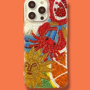 Beaded Embroidered Aesthetic Pattern Phone Case iPhone Series 17,16,15 and 14 handmade , crab, sun, orange
