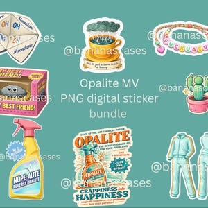 Könnte beinhalten: Ein digitales Sticker-Bundle mit verschiedenen Designs auf türkisblauem Hintergrund. Enthält einen Wahrsager, eine Tasse Tee mit einem Sturm, ein Armband mit dem Text "FUCKUAEVA", einen Kaktus, einen "My Best Friend"-Felsen, eine Sprühflasche, eine Vintage-Werbung und einen Trainingsanzug.