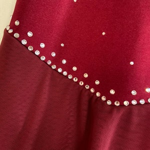 May include: A burgundy dance leotard with a mesh skirt and a line of rhinestones around the waist.