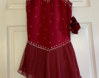 Burgundy Ice Skating Competition  skating dress with Diagonal Skirt