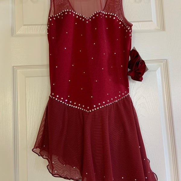 Burgundy Ice Skating Competition  skating dress with Diagonal Skirt