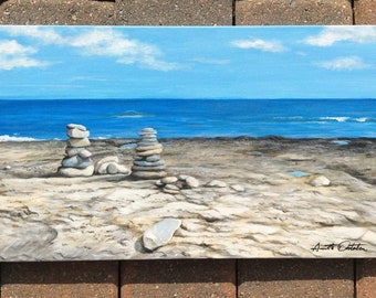 English seaside watercolour painting calm spiritual Zen Stone Pile on the beach