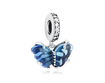 Pandora Blue Murano Glass Butterfly Dangle Charm, 925 Sterling Silver Charm for Women, Animal Themed Bracelet Charm, Women&#39;s Jewelry