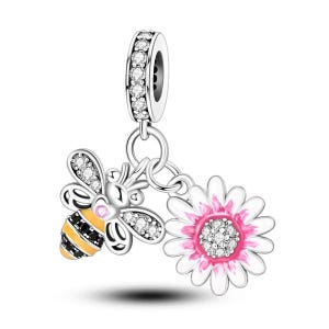 Pandora Bee and Flower Charm, 925 Sterling Silver Charm for Bracelet, Dainty Women&#39;s Jewelry, Gift for Her, Gift for Girlfriend