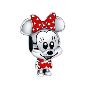 Pandora Disney Minnie Mouse Bracelet Charm, 925 Sterling Silver Charm for Women, Dotted Dress and Bow Mouse Charm, Gift for Her