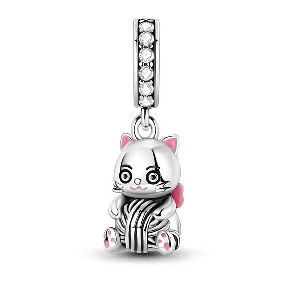 Sterling Silver Cat Charm Bead - Dangle Charm For Bracelets & Necklaces, 925 Silver Animal Charm