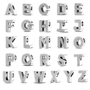 Pingentes de letras Pandora, pingente de prata esterlina 925 para pulseira, pingente de palavra de pedra de zircônia brilhante com variações de letras, presente de pingente para ela