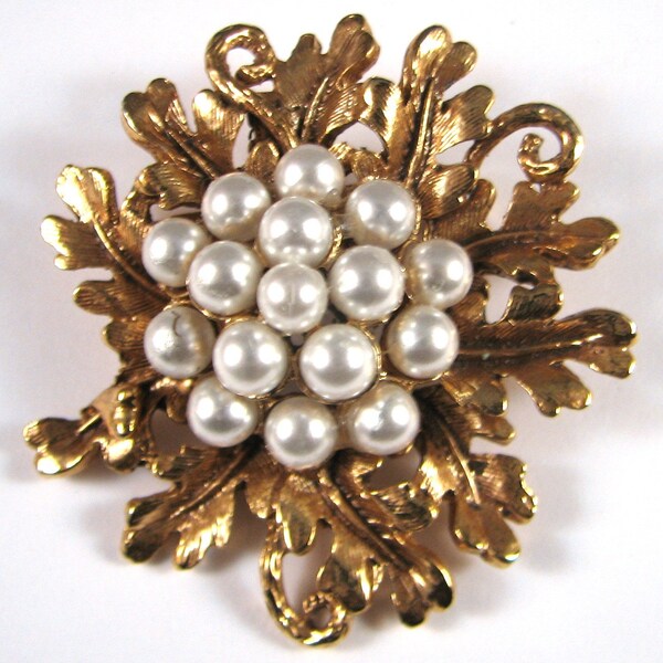 Vintage Ornate Faux Pearl Flower Brooch, Costume Jewelry