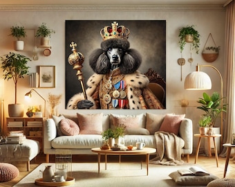 May include: A black poodle wearing a gold crown and a fur-trimmed robe, holding a scepter. The dog is posed against a brown background, looking regal and majestic. The image is framed and hanging on a wall in a living room setting.