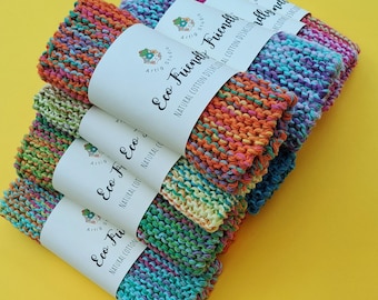 Hand Knitted Rainbow Cotton Dishcloths: Eco-Friendly Kitchen Cleaning Cloth