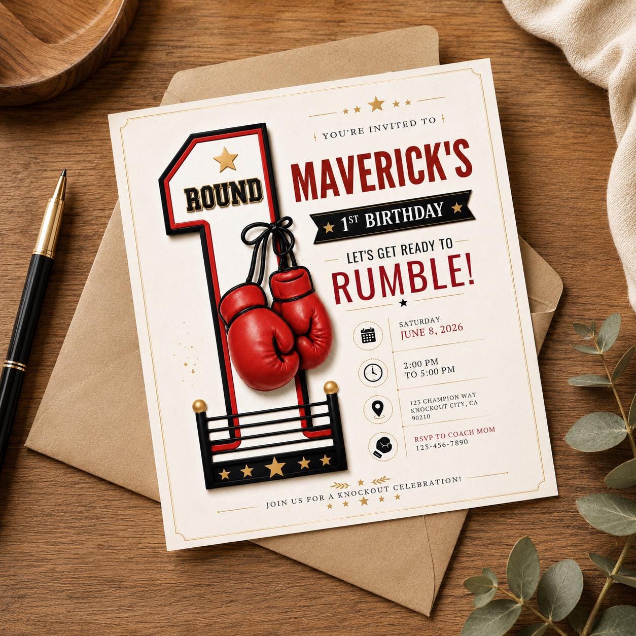 Boxing 1st Birthday Invitation Canva Template, Rookie Year Birthday ...