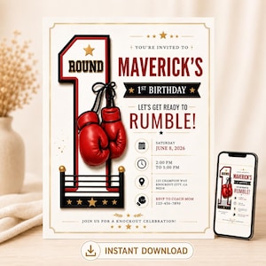 May include: A boxing-themed birthday invitation card featuring a large red number one, a pair of red boxing gloves, and the text: You're invited to Maverick's 1st Birthday, Let's get ready to rumble, Saturday June 8, 2026, 2:00 PM to 5:00 PM.