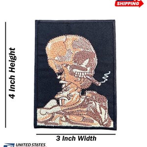 Cráneo de Van Gogh, esqueleto con cigarrillo encendido, aplique de Halloween, suministros de costura, insignia de calavera de motociclista gótico, parche bordado para planchar y coser