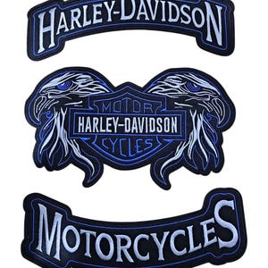 Blue Double Eagle Harley Davidson Patch Set: Iron-On Biker Vest Applique (3 PCS)