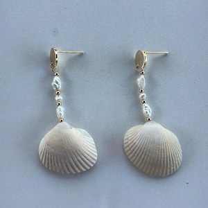 Könnte beinhalten: Ohrringe mit weißen Muschelanhängern. Jeder Ohrring hat einen goldfarbenen Stecker, eine Kette aus weißen Perlen und goldenen Perlen sowie einen großen, fächerförmigen Muschelanhänger. Die Ohrringe sind für durchbohrte Ohren konzipiert.