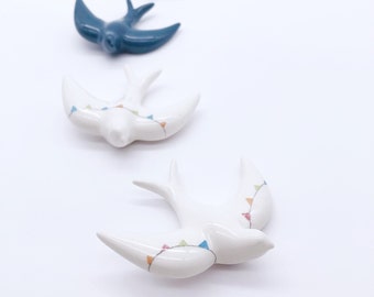 Four mini swallows ceramic with party flags - wall Decor -  handcrafted