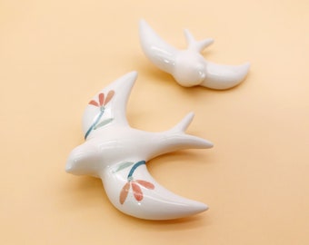 Two mini swallow ceramic- One illustrated with leaves in orange one in white - wall Decor -  handcrafted