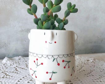 Vaso Sra. Cherry para amantes de plantas, vaso de cerâmica original feito à mão com personagens – vaso fofo e feliz, vaso para flores e plantas, exclusivo