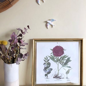 May include: A framed botanical print with a gold frame, featuring a detailed illustration of a peony. Two ceramic swallows with pastel-colored wings are mounted on the wall, and one is on the shelf. A white and beige vase holds dried flowers.