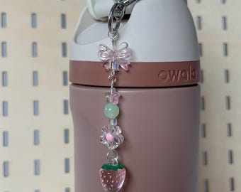 Cute pink & green strawberry owala charm, bag charm, key chain. Strawberry charm/ strawberry keychain.