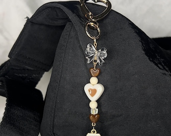 Coffee keychain. Coffee and heart brown beaded keychain/ Bag charm. Coffee key chain, coffee owala charm, brown aesthetic key chain