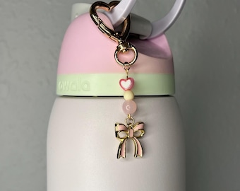 Pink or white bow Owala water bottle charm or bag charm/ key chain with gold heart clasp. Owala water bottle charms