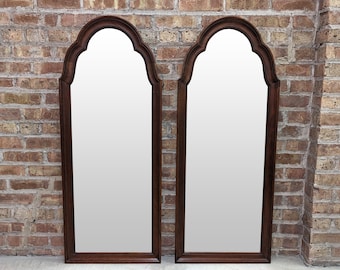 Mid Century Cherry Wood Arch Frame Mirrors by Thomasville, a pair