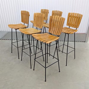 6 Mid Century Modern Arthur Umanoff Style Wooden Slat Bar Stools
