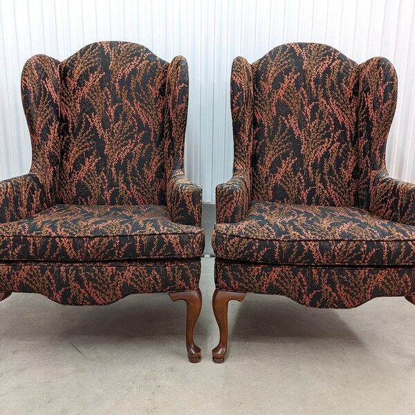 Hollywood Regency Floral Wingback Chairs, a Pair